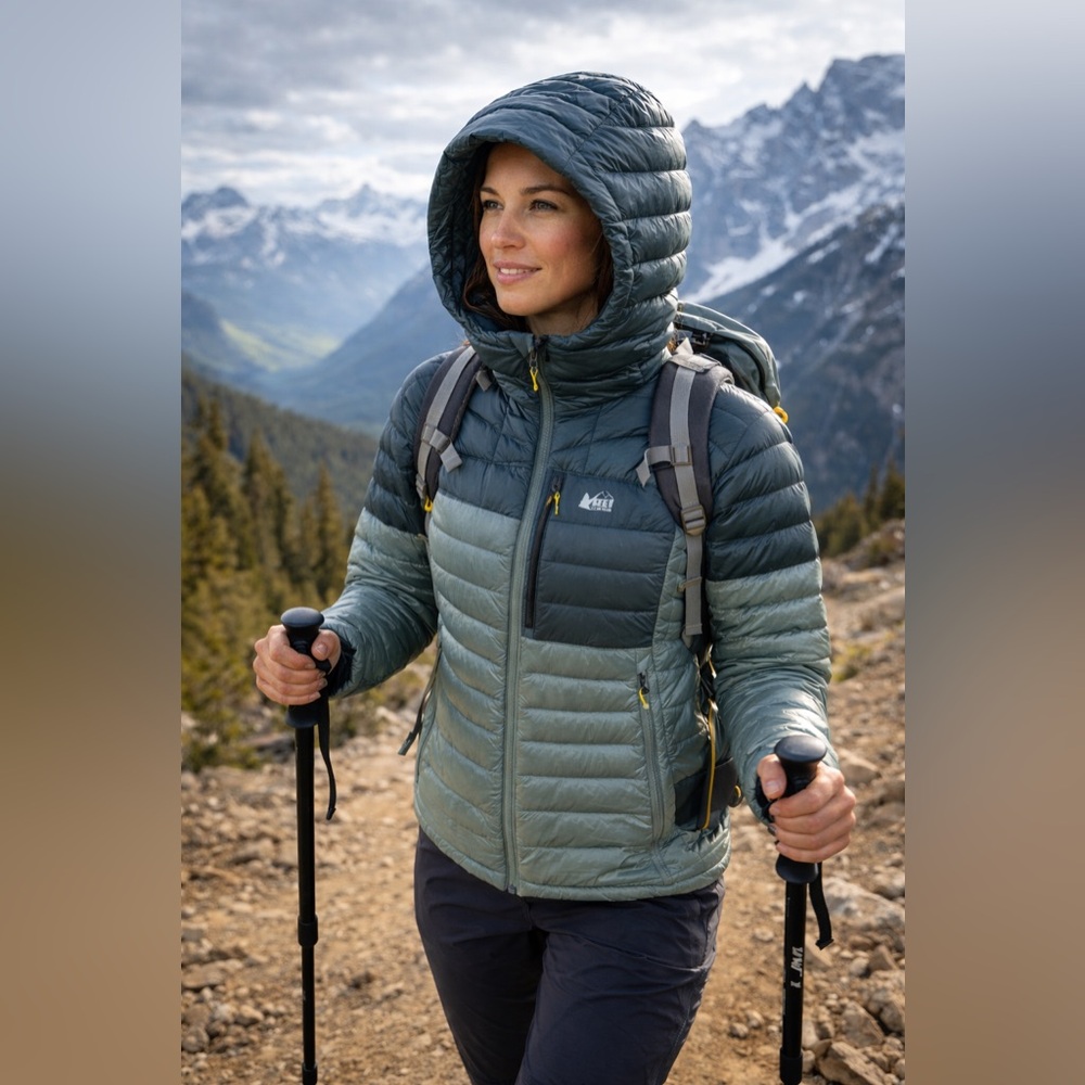 REI Two-Tone Green Packable Hooded Puffer Jacket